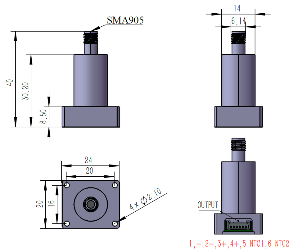 SMA905 six-pin module dimensions (mm)